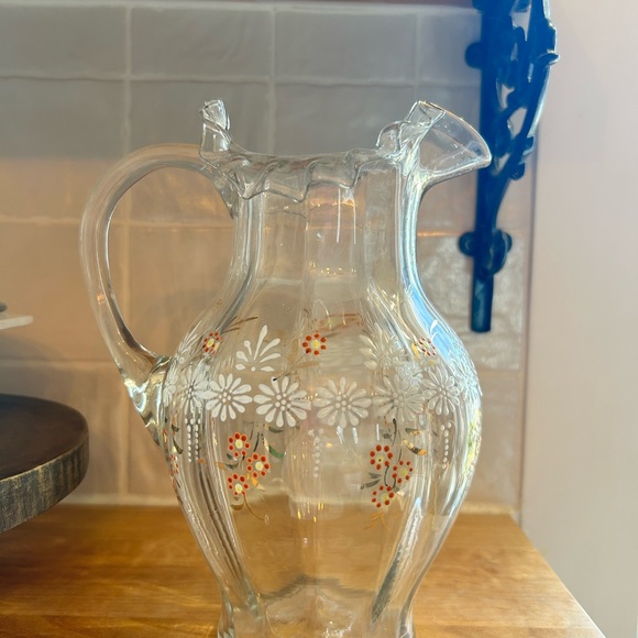 Antique Victorian Hand Blown Ruffle glass daisy enamel hand painted pitcher - Picture 5 of 6
